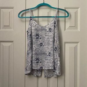 Size Small Old Navy White and Navy Blue Beach-Print Open-Back Tank Top